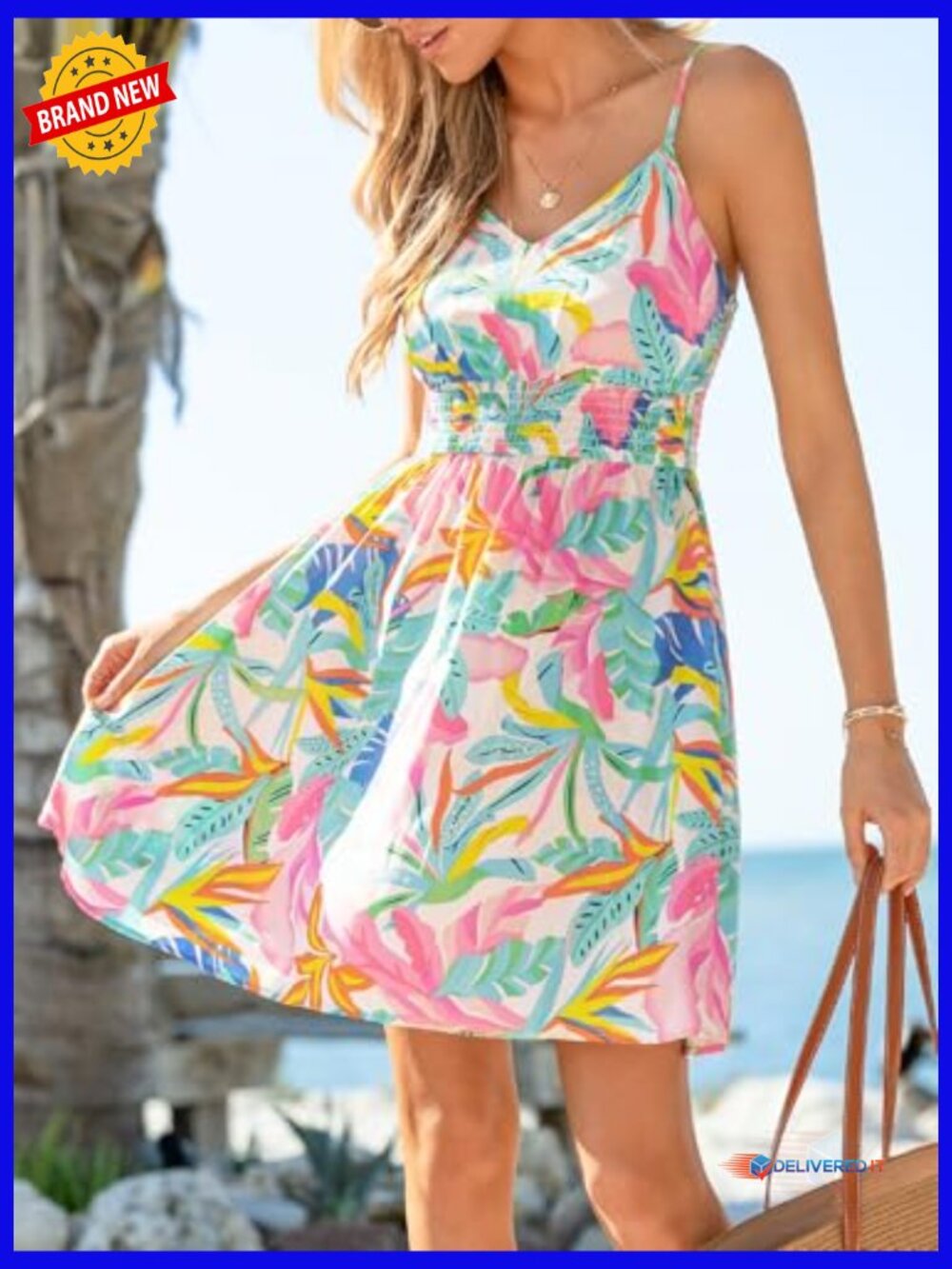Tropical Floral Mini Sundress Smocked Bodice Adjustable Spaghetti Strap Boho - Picture 6 of 7